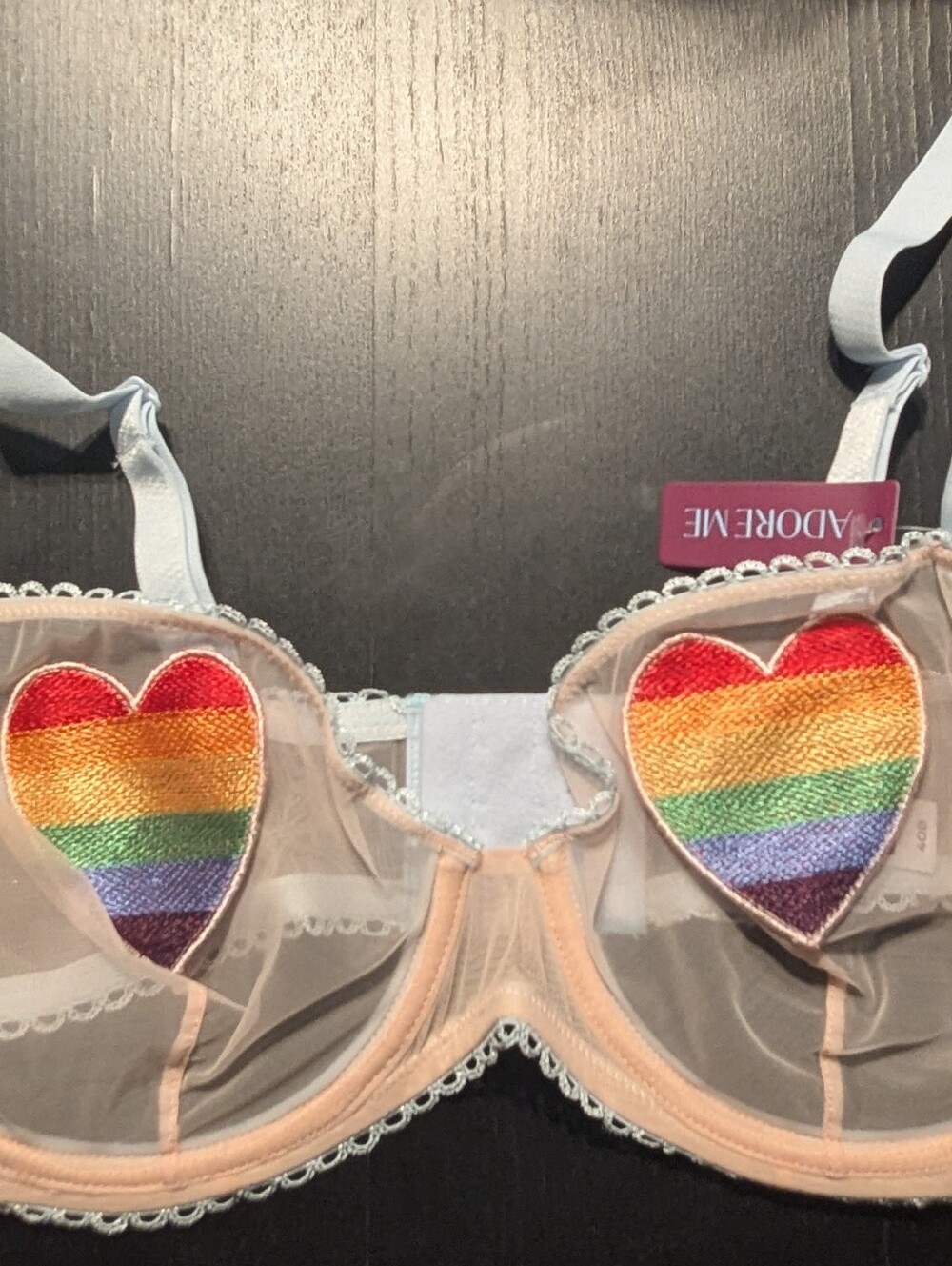 Adore Me Women’s Peach And Rainbow Heart Lace Bra and Panty Set